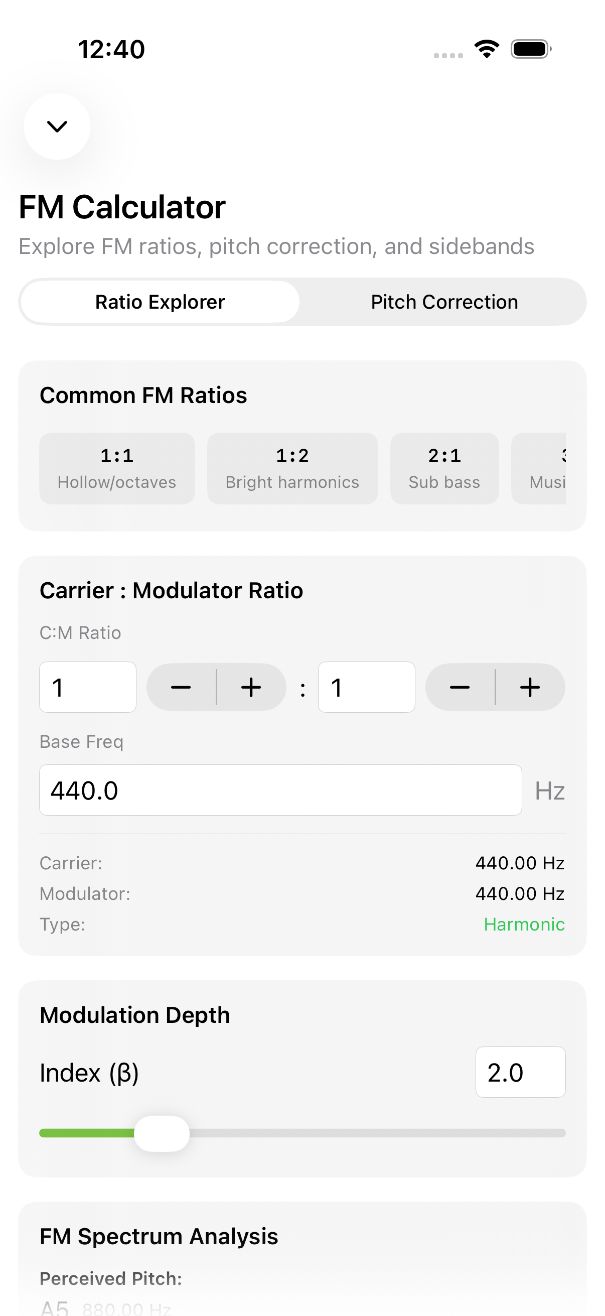 FM calculator screen on iPhone